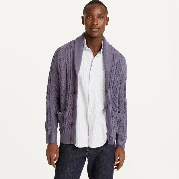 J. Crew Cotton Cable knit Shawl Collar Sweater Size L - Picture 1 of 15